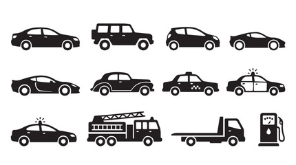 Collection of black vehicle including a sedan, suv, hatchback, sports car, vintage car, taxi, police car, fire truck with ladder, flatbed tow truck, and a gas station pump © Vector Vault