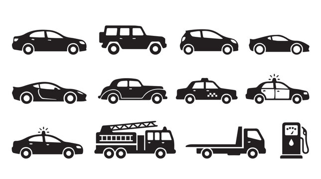 Collection of black vehicle including a sedan, suv, hatchback, sports car, vintage car, taxi, police car, fire truck with ladder, flatbed tow truck, and a gas station pump