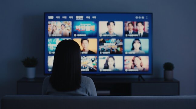 Woman watches Korean dramas on TV screen at home. Streaming platform shows K-content, popular series, movies, and entertainment. Enjoying diverse global shows online.