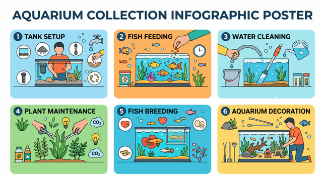 Colorful aquarium collection infographic poster showing essential fish tank maintenance steps