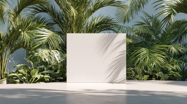 Blank white podium stands centered amidst lush tropical foliage with dramatic shadow patterns