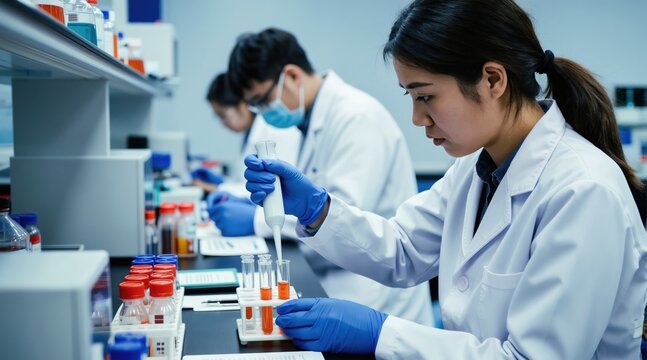 Scientist works in lab with test tubes. Researcher pipettes fluid into vials. Team studies samples at research station. Modern science experiments happening.