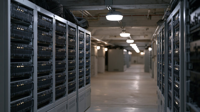 Empty desolate underground bunker facility houses rows of operational quantum cryptography network security nodes, rack-mounted QKD appliances blinking steadily in the silence as