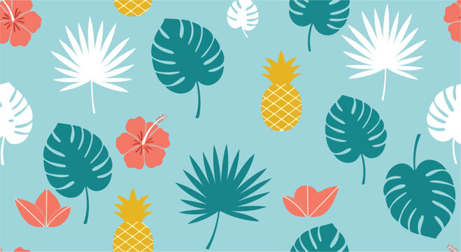 Tropical seamless pattern with monstera leaves and pineapples, exotic floral background with hibiscus flowers, summer botanical vector illustration