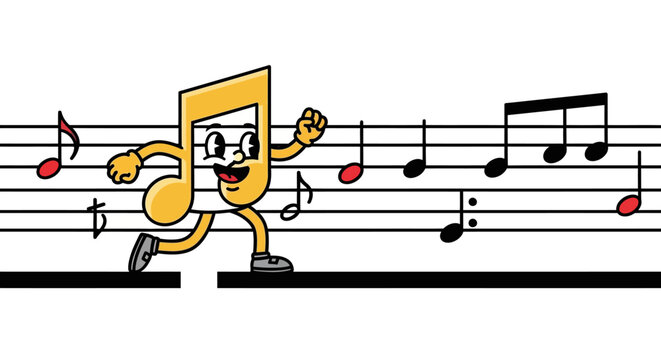 Yellow musical note character dancing happily.
