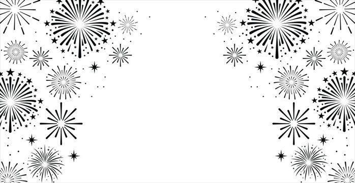 Minimalist black fireworks line art frames a white background. Modern festive border layout with central copy space for New Year or celebrations.