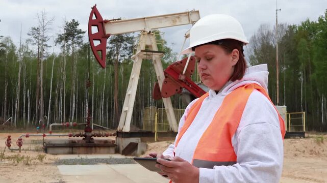 A woman engineer in a hard hat and safety vest uses a smartphone to check operations at an active oil well. A pumpjack is visible in the background against a forest during daytime