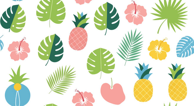 Tropical seamless pattern with pineapples and hibiscus flowers, exotic palm leaf background vector, summer botanical textile print design