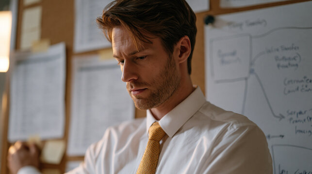 Forensic accountant traces securities fraud money flow on printed bank record spreadsheets pinned to investigation corkboard, wire transfer routing annotations handwritten beside