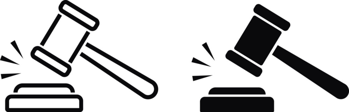 Judge gavel icons set includes black linear outlines and solid silhouettes style, courtroom hammer symbols represent law justice and legal systems, auction bid verdict vector illustration.