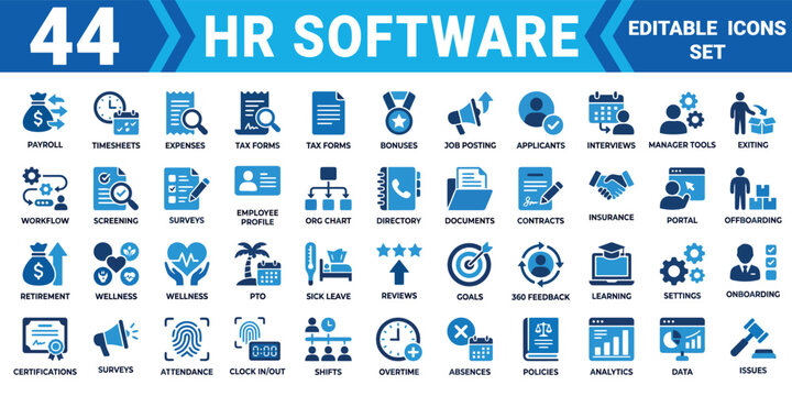 Hr software editable icon set 44 solid vector illustrations for human resources management