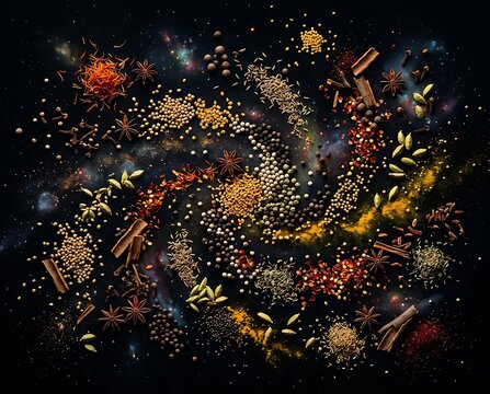 A cosmic spiral of diverse aromatic spices and herbs on a dark starry background