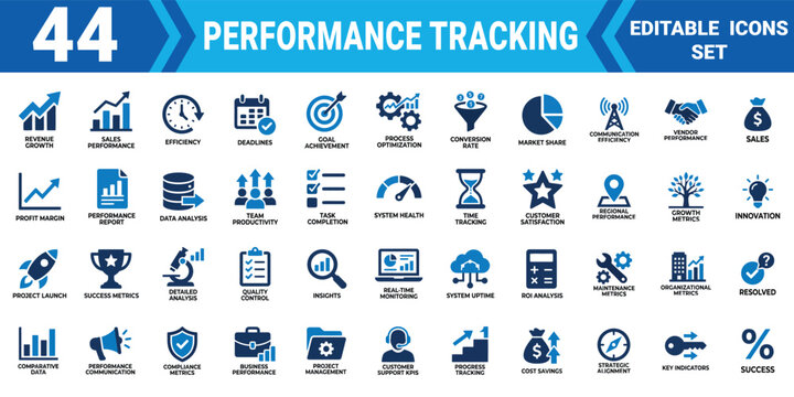 Performance tracking icon set 44 editable vector illustration mega pack for business analytics