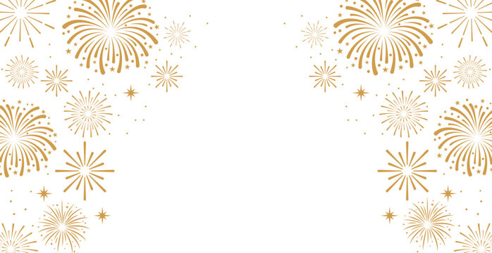 Elegant gold fireworks and stars frame a clean white background. Luxury celebration banner with text copy space for festive holiday events.