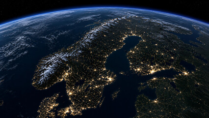 Fototapeta premium Ultra realistic orbital view of Sweden at night with vivid aurora borealis above Scandinavia, glowing atmosphere, dark forests and realistic Earth observation photography.