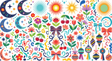 Naklejka premium A vibrant collection of whimsical hand drawn illustrations featuring colorful moons suns flowers cherries bows and decorative ornaments arranged in a playful artistic collage pattern