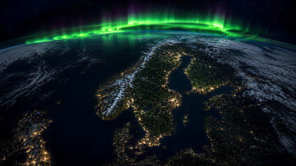 Fototapeta premium Ultra realistic orbital view of Sweden at night with vivid aurora borealis above Scandinavia, glowing atmosphere, dark forests and realistic Earth observation photography.