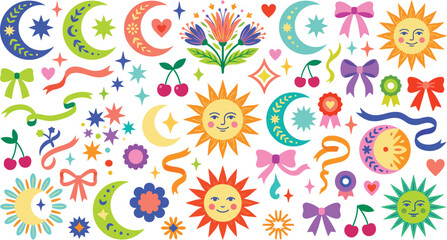 Naklejka premium A vibrant collection of whimsical hand drawn celestial elements including smiling suns crescent moons colorful bows cherries and decorative floral motifs on a white background