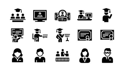 Education Icons Set, Graduation Cap, Diploma, Classroom Learning, Online Study, Teacher, Student Icons © Sizan