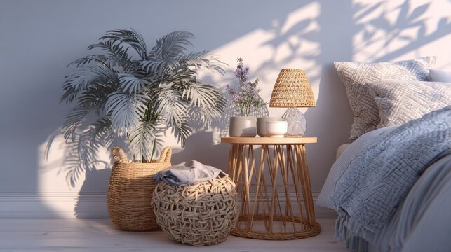 Natural light illuminates a serene bedroom corner featuring woven textures and abundant foliage