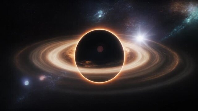 A dramatic 3D cinematic animation video of a black hole pulling in nearby gas and dust with accurate accretion disk physics