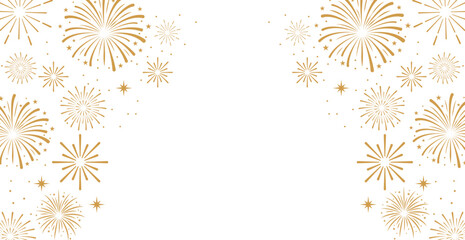Obraz premium Elegant gold fireworks and stars frame a clean white background. Luxury celebration banner with text copy space for festive holiday events.