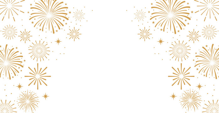 Elegant gold fireworks and stars frame a clean white background. Luxury celebration banner with text copy space for festive holiday events.