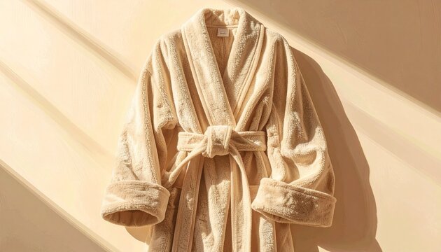 Soft beige bathrobe with shawl collar, plush texture, cozy warmth, tied belt, inviting comfort, timeless design.