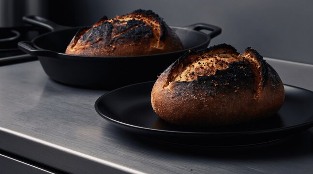 Two burnt bread loaves sit on a kitchen counter. One loaf is in a black pan, the other on a black plate. The baked goods are overdone, creating a cooking mishap.