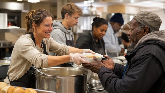 Volunteer serving hot soup to people in a busy community soup kitchen, smiling teamwork handing bowls and bread to those in need