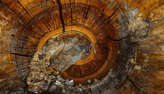 Detailed top view of a cross section of a weathered wooden log showing annual growth rings with forestry weathered material hardwood