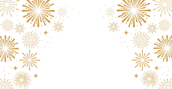 Elegant gold fireworks and stars frame a clean white background. Luxury celebration banner with text copy space for festive holiday events.