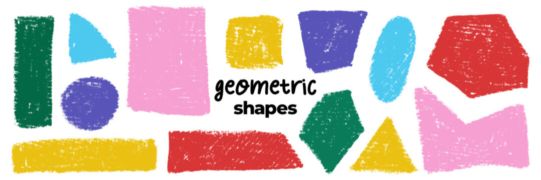 Doodle crayon geometric shapes set. Playful colorful hand drawn shapes rectangle, square, circle, oval, triangle. Chalk rough texture textbox, speech bubble frame, label for children. Vector isolated