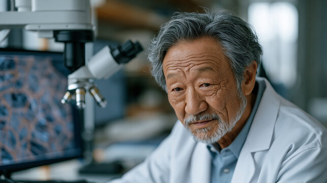 Elderly materials scientist examines superconducting quantum material sample under cryogenic probe station in a university condensed matter research lab, magnified crystalline