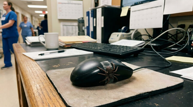 Toy spider taped on computer mouse on office desk. Prank at work in hospital station. Joke at workplace involving medical staff walking in background. Humorous office life scene.