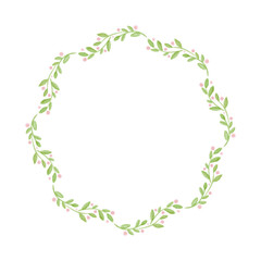 Fototapeta premium Watercolor green leaf wreath frame with pink berries, rustic botanical branch border for wedding png