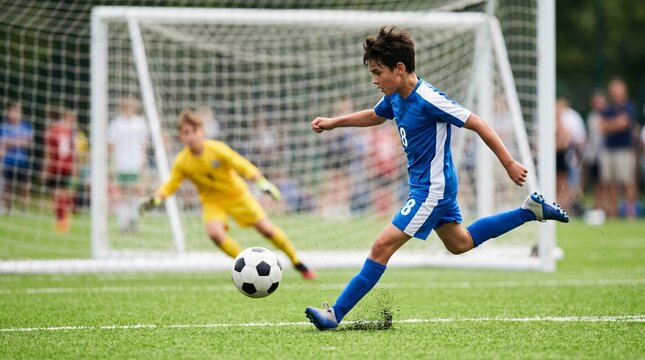 Young soccer player kicking ball during competitive match, youth football striker taking shot on goal, athletic boy in blue uniform playing sports