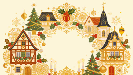 Naklejka premium Ornate Christmas village wreath with traditional European houses, festive trees, holly, and golden decorations on a light background.