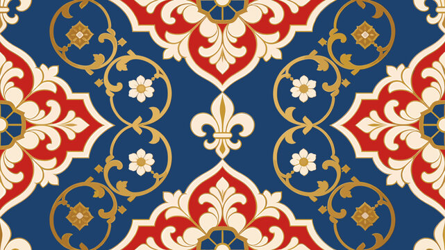 Ornate seamless pattern with a blue background, featuring red and cream floral motifs, intricate scrolls, and a central golden fleur-de-lis, evoking a vintage heraldic design.