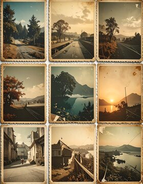 A collage of 8 vintage-style travel photographs showcasing various landscapes