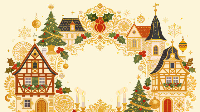 Ornate Christmas village wreath with traditional European houses, festive trees, holly, and golden decorations on a light background.