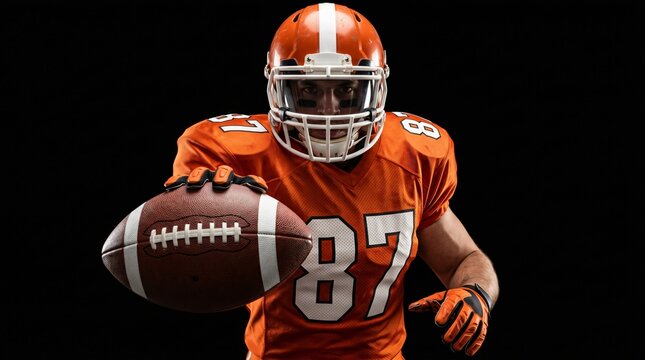 American football player in orange uniform holding ball, professional athlete in helmet and jersey, dramatic sports portrait on black background
