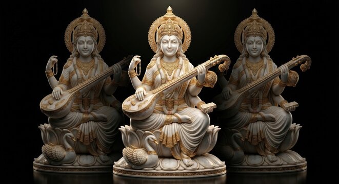 Three ornate marble statues of goddess saraswati playing veena seated on lotus flower with swan against a dark background representing wisdom and artistic inspiration for spiritual decoration projects