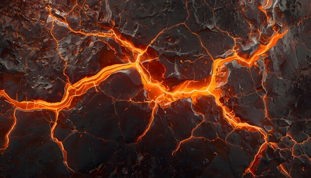 Cracked dark ground texture with glowing bright orange magma fissures volcanic abstract background geological formation