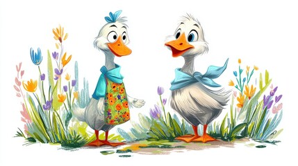 Naklejka premium Cheerful Duck Pair Wildflower Garden Whimsical Hand Painted Storybook Illustration Children Greeting Card