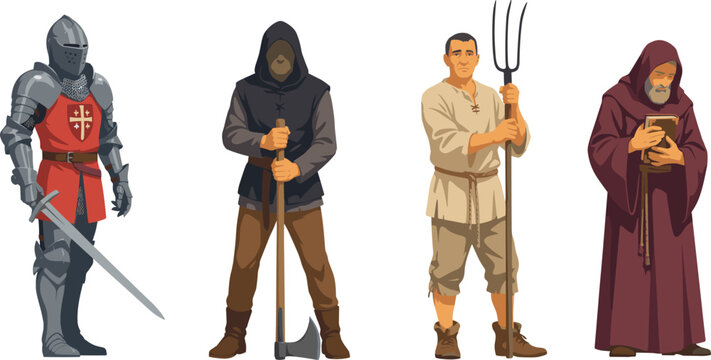 Medieval Character Vector Set featuring Armored Knight, Executioner with Axe, Peasant Farmer with Pitchfork, and Monk holding Holy Book Illustrations