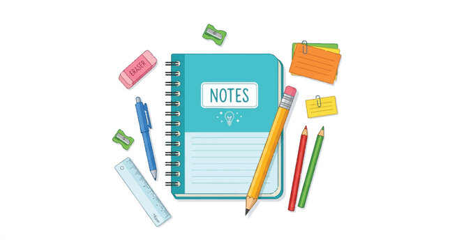 Bright assortment of school supplies featuring a notebook, pencils, markers, eraser, ruler and sticky notes in a colorful desk setup.