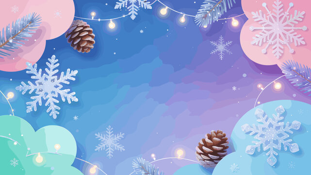 Festive winter background with snowflakes, pine cones, fir branches, and glowing string lights on a gradient blue and purple sky.