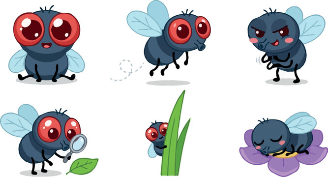 Cute cartoon housefly character collection with different poses including flying sleeping on flower looking through magnifying glass and hiding for bug designs
