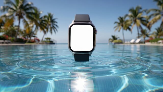 Modern smartwatch with blank white screen mockup emerging from sparkling blue swimming pool water at a tropical luxury resort with palm trees under a sunny clear sky for tech promotion